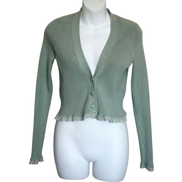 For Love and Lemons Nina Cropped Mint Ribbed Button Cardigan with Lace Trim - Picture 2 of 9